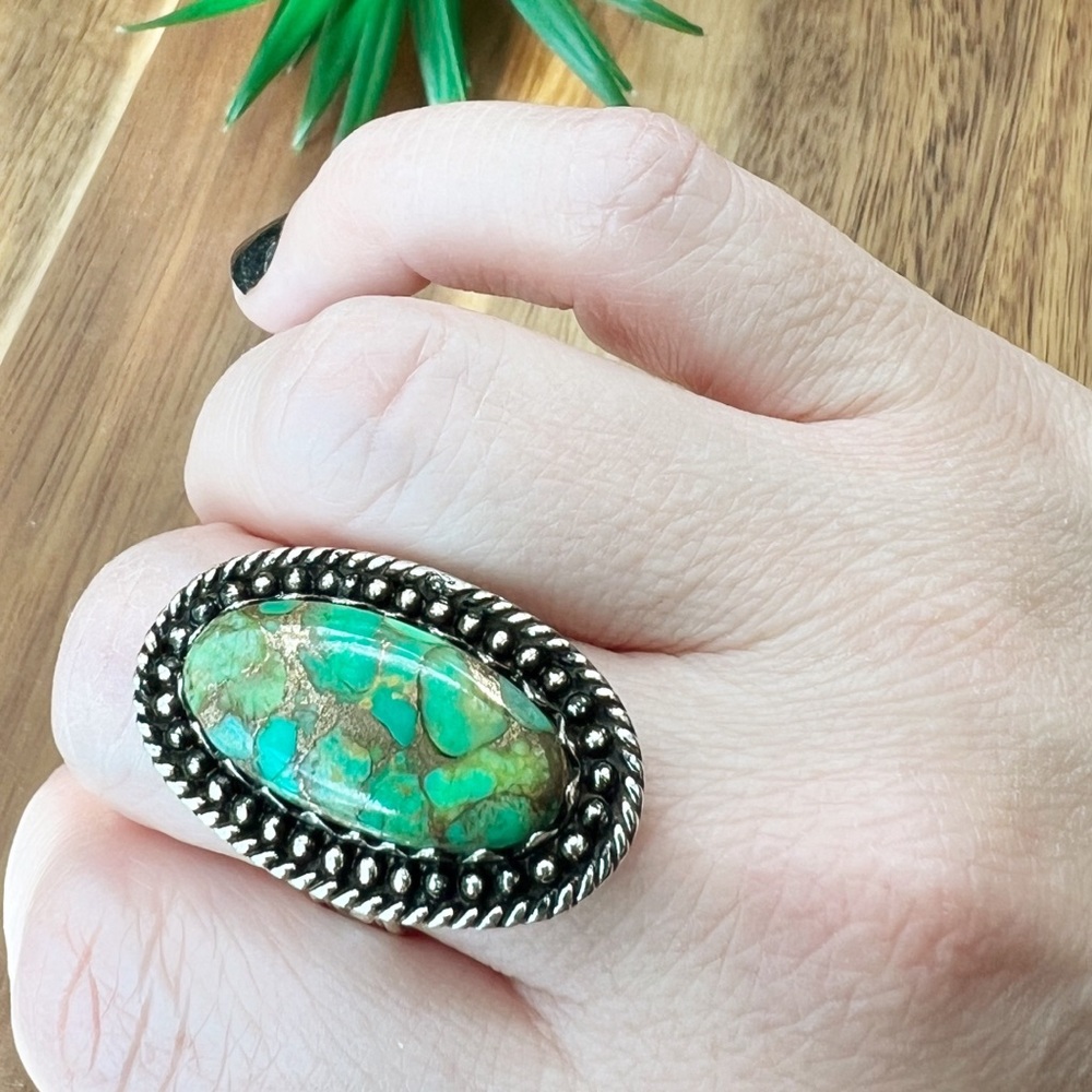 Big Genuine Green Copper Turquoise Ring Size 10 Solid Sterling Native Southwest - Picture 5 of 9